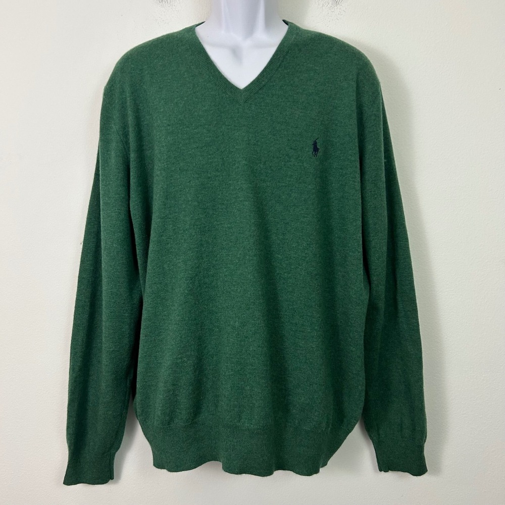 Polo Ralph Lauren Mens XL Green 100% Merino Wool V-Neck Sweater Italian Yarn